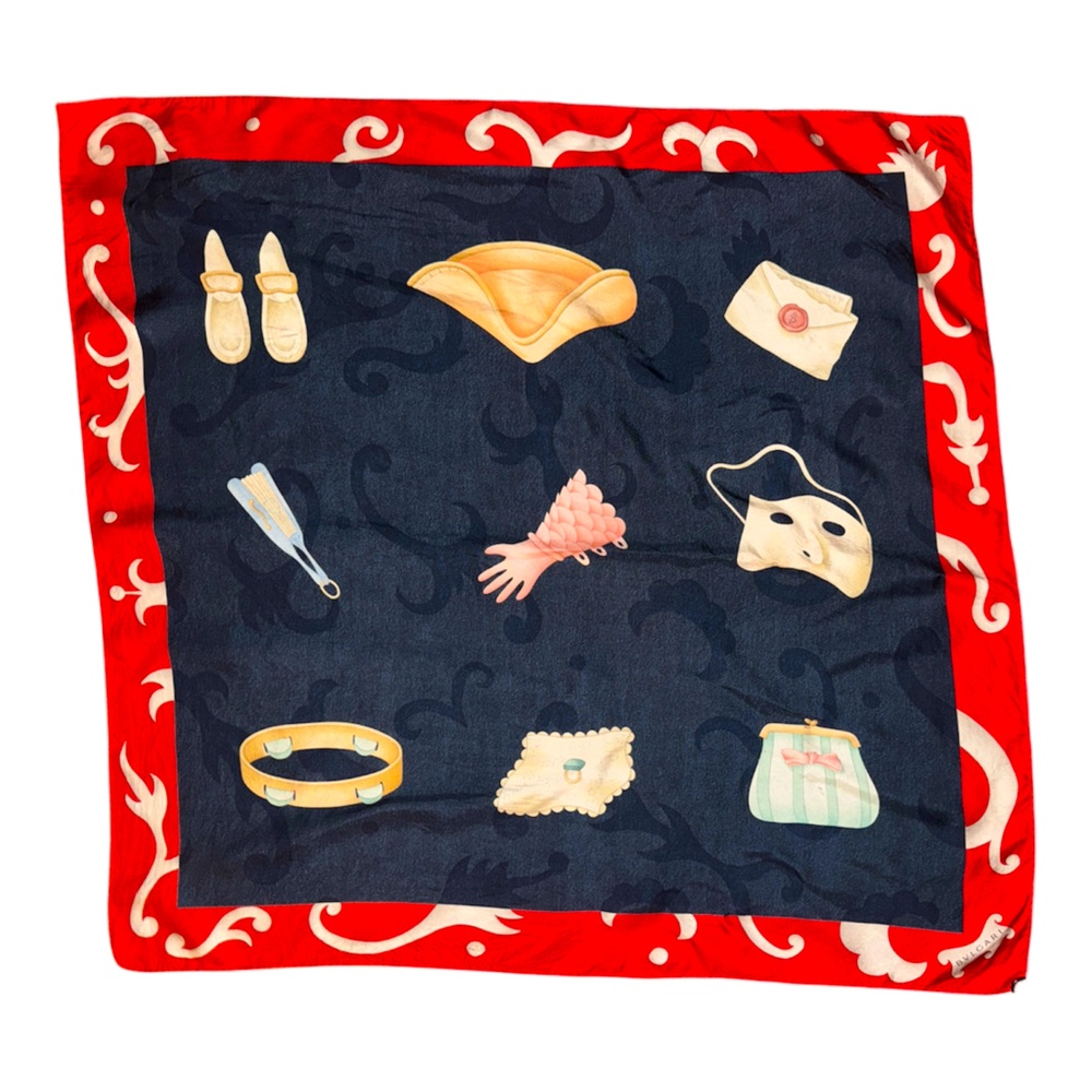 BVLGARI Large Silk Scarf Navy and Red with Roman Vintage Accessories Print Size‎